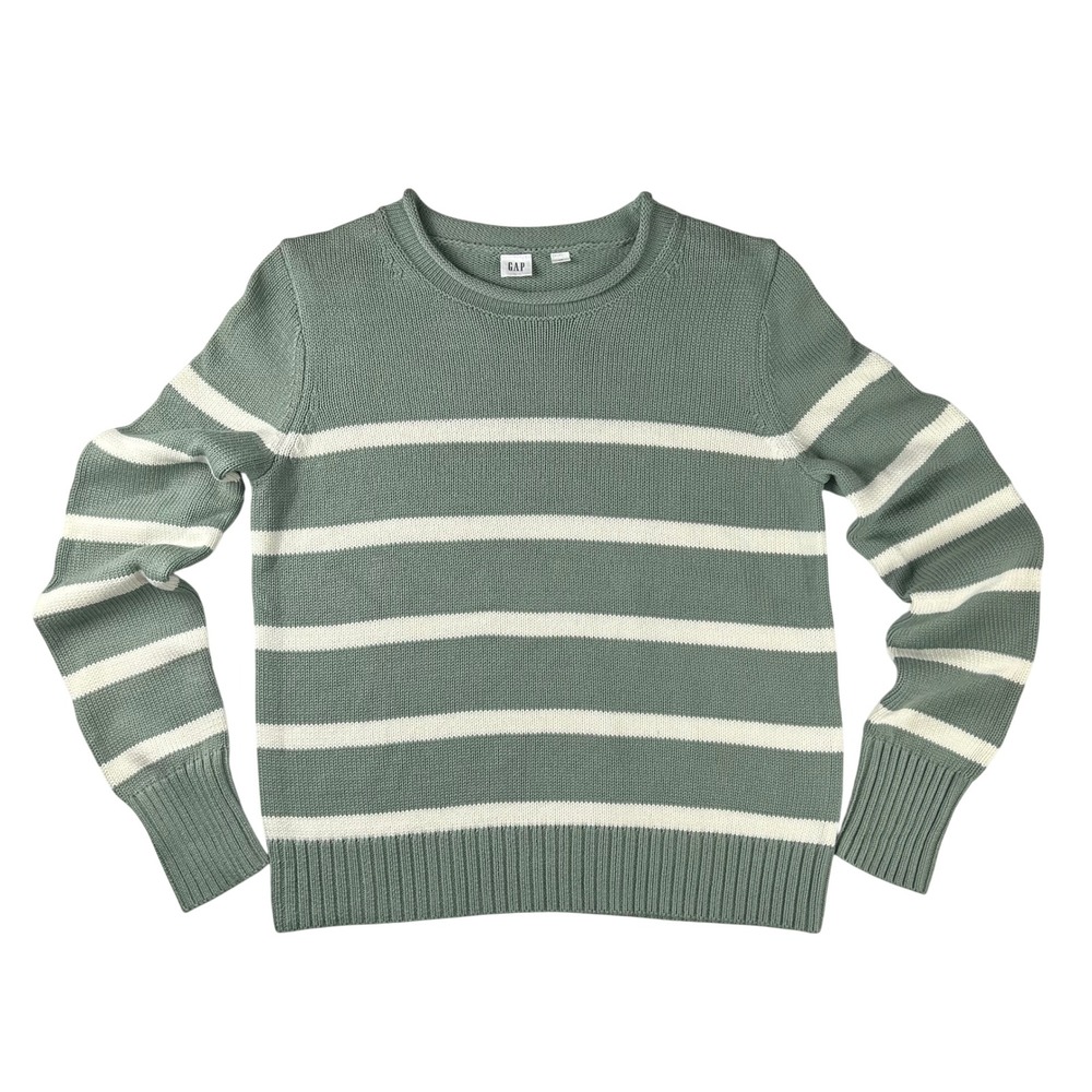 Gap Roll Neck Cotton Sweater Sage Green White Striped Shaker Knit XS 627145-06